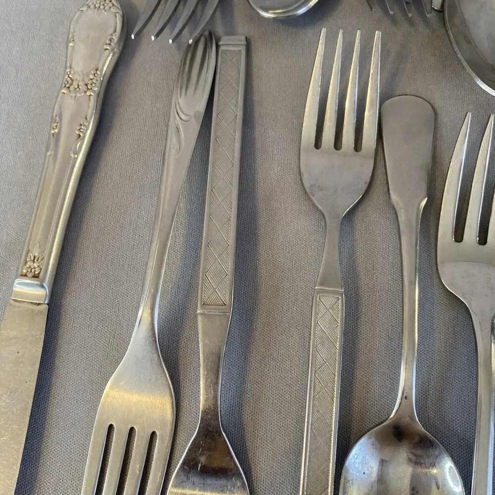 Vintage Lot Mixed Stainless Steel Flatware Silverware MCM Floral Textured Atomic